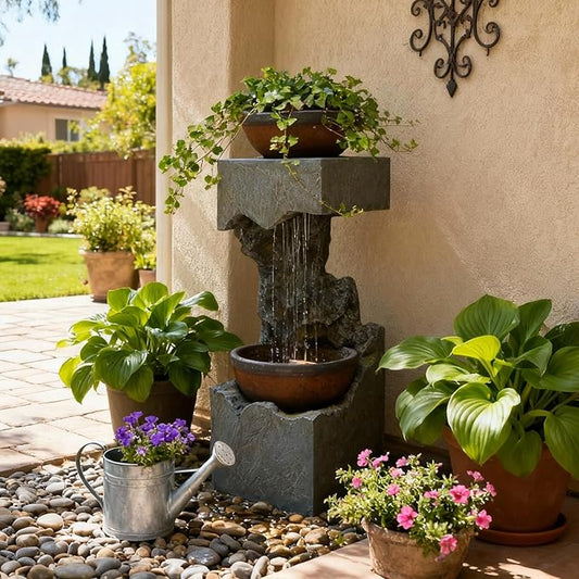 37.4''H 2-Tiered Rainfall Bowl Garden Water Fountain with LED Lights and Pebbles, Modern Crackled Stone Feature Waterfall for Porch, Deck, Yard, Patio, and Home Décor