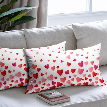 Valentines Day Pillow Covers 12x20 Set of 2 Red Pink Heart Throw Pillow Covers Love Pillowcase Linen Decoration Farmhouse Holiday Cozy Soft Cushion Case Couch for Indoor Outdoor Home Decor