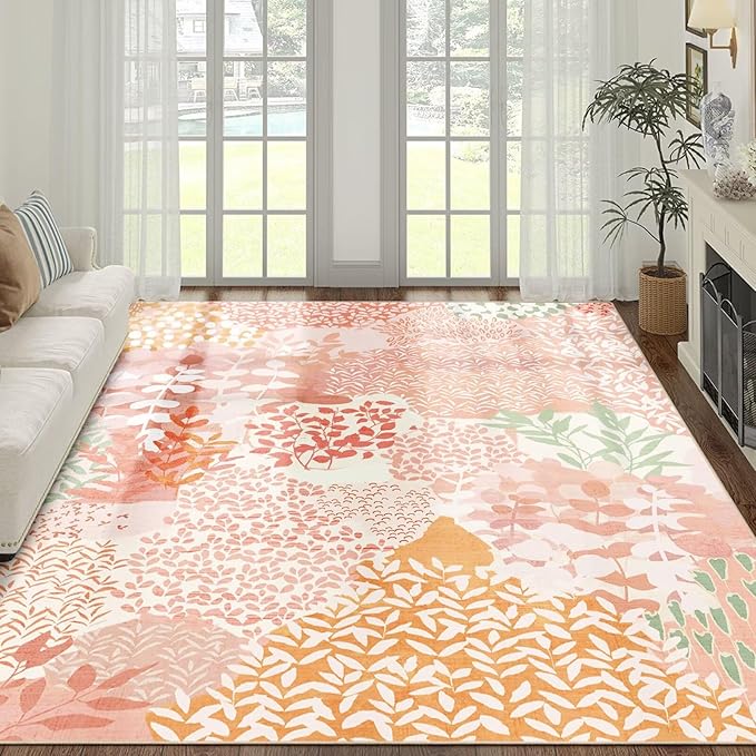 DEXDE 8x10 Area Rug, Soft Washable Abstract Area Rugs Non-Slip Vintage Boho Rug Leaves Floral Print Carpet for Living Room Bedroom Office Dining Room Playroom, Pink