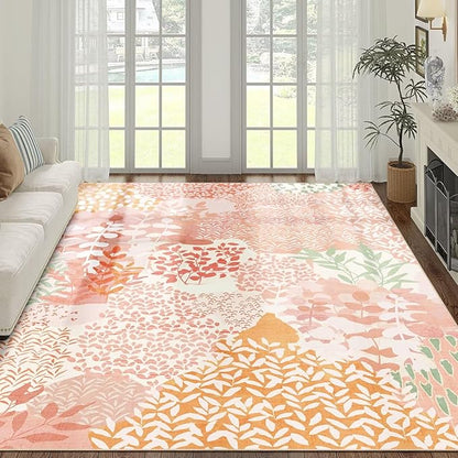 DEXDE 8x10 Area Rug, Soft Washable Abstract Area Rugs Non-Slip Vintage Boho Rug Leaves Floral Print Carpet for Living Room Bedroom Office Dining Room Playroom, Pink