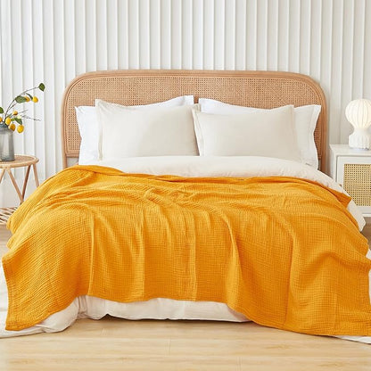EMME Cotton Muslin Twin XL Blanket Breathable Gauze Blanket Soft Lightweight Blankets Adults Gifts for Women (Mustard Yellow, 66"x90")