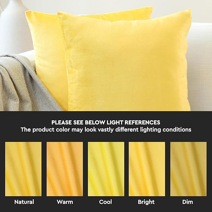 Encasa XO Velvet Throw Pillow Covers 20x20 in (50x50 cm) - Lemon Yellow - No Inserts, Pack of 2 Cases | Solid Plain Dyed Soft & Smooth, Square Decorative Cushion Covers for Living & Bedroom