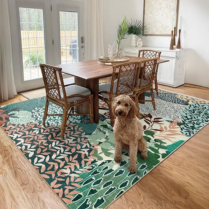DEXDE 8x10 Area Rug, Soft Washable Abstract Area Rugs Non-Slip Vintage Boho Rug Leaves Floral Print Carpet for Living Room Bedroom Office Dining Room Playroom, Dark Green