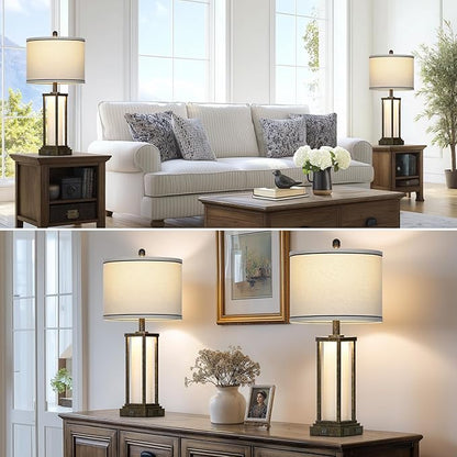 27in Tall Farmhouse Table Lamp Set of 2 with USB C+A & Outlet,Bronze Industrial End Table Lamp for Living Room,Vintage Rustic Bedside Lamps with Night Light for Bedroom Nightstand,Bronze