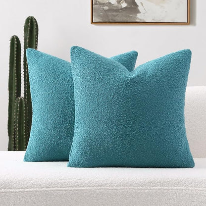 FUTEI Pack of 2 Teal Blue Decorative Throw Pillow Covers 16x16 Inch Soft Cozy Solid Boucle Textured Cushion Case,Modern Home Decor for Couch Bed Living Room