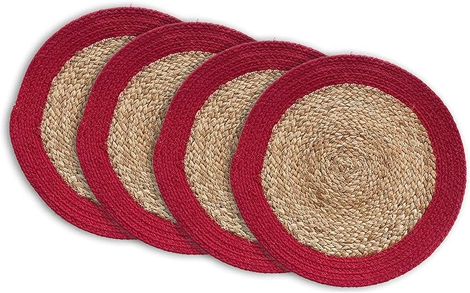 CHARDIN HOME Round Verona Woven Jute & Cotton Braided PLACEMAT (Set of 4), Size -15 inch, Round, Color - Natural Jute with Red Border