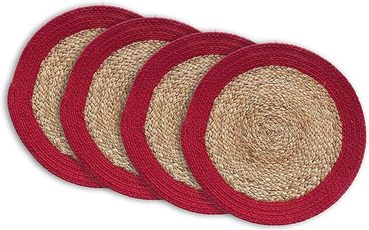 CHARDIN HOME Round Verona Woven Jute & Cotton Braided PLACEMAT (Set of 4), Size -15 inch, Round, Color - Natural Jute with Red Border