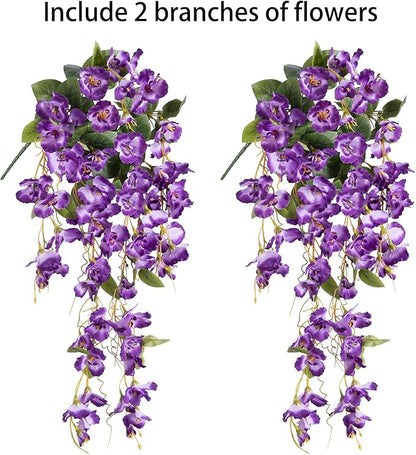 Fake Hibiscus Artificial Hanging Flowers Plants for Outdoors Spring Decoration, 2pcs Silk Hibiscus Vines Realistic UV Resistant Purple Faux Flowers for Outside Planter Porch Patio Yard Wedding Party