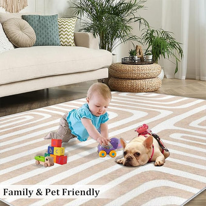 Yellow White Striped Abstract Boho Area Rug, Cream Brown Nordic Rainbow Print Large Rugs, Machine Washable Breathable Durable Carpet for Room Sofa Living Room Mat Bedroom Home Decor,5 x 7ft