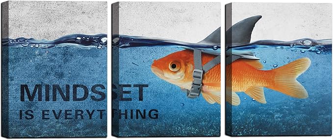 3 Panels Modern Framed Inspirational Canvas Wall Art Goldfish Body Strong Shark Heart Mindset is Everything Motivational Wooden Decor Posters for Office Gym Classroom Home Decoration(60''W x 28''H)