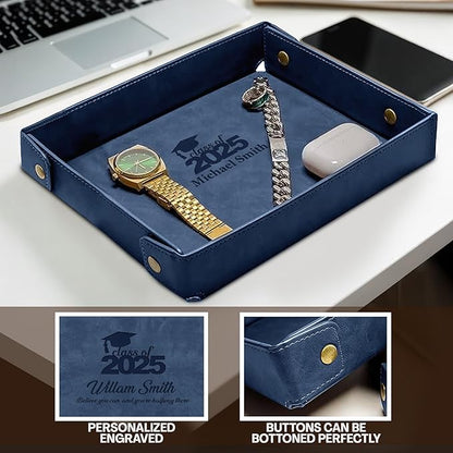 Engraved PU Leather Valet Tray – Personalized Catchall with Custom Name for Desk, Dresser, or Nightstand – Compact Organizer for Keys, Wallet, Jewelry – Graduation Gift for Him or Her – Blue