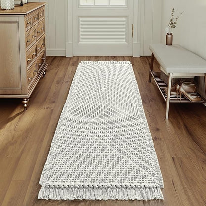H.VERSAILTEX Waffle Bath Runner Rug Long Bath Mat Super Absorbent Boho Bath Rugs Non Slip Bath Runner for Bathroom Floor Machine Washable Dry Fast Bathroom Rugs with Tassels, 24" x 72", Ivory White