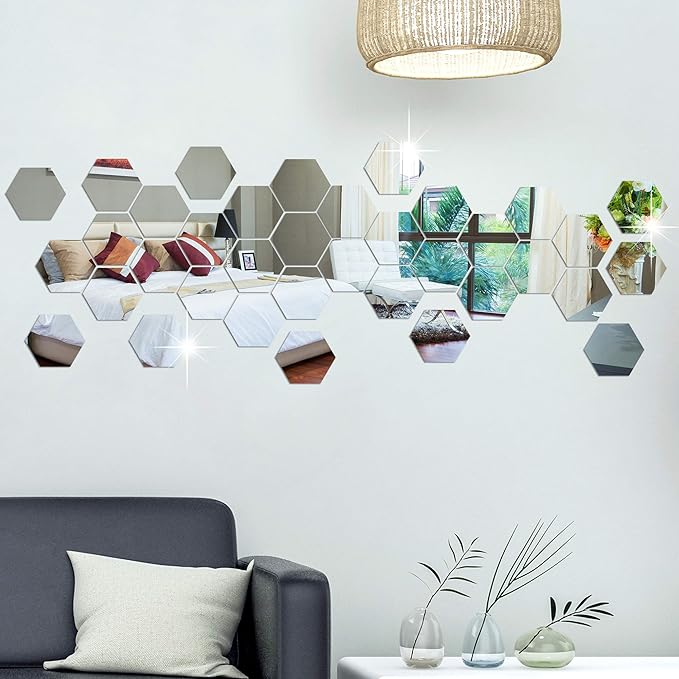 RW-103 36 PCS Acrylic Mirror Wall Stickers Hexagon Mirror Wall Decals DIY Removable 3D Geometric Hexagon Mirror Art Setting Wall Decor for Bedroom Living Room Office Kitchen Home Decoration (Silver)