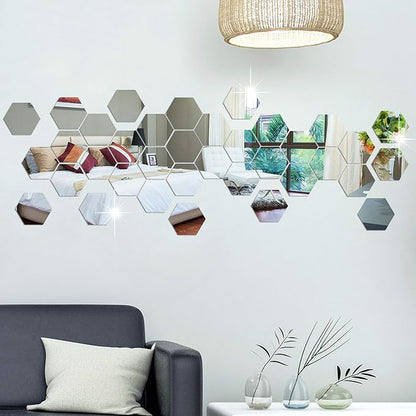 RW-103 36 PCS Acrylic Mirror Wall Stickers Hexagon Mirror Wall Decals DIY Removable 3D Geometric Hexagon Mirror Art Setting Wall Decor for Bedroom Living Room Office Kitchen Home Decoration (Silver)