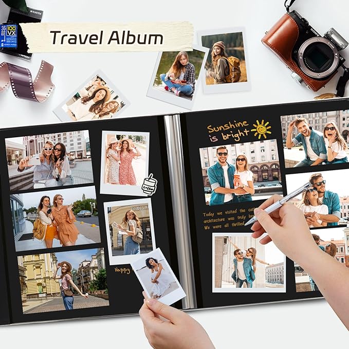 RECUTMS Photo Album 60 Pages Black Inner Button Grain Leather for 4x6 5x7 8x10 pictures DIY Scrap Photo Book Baby Family Wedding Anniversary Self Adhesive Handmake Picture Album（Pink）