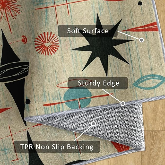 Mid Century Rug 3x4 Retro Abstract Atomic Starburst Pattern, Washable Living Room Bedroom Area Rugs, Mid Century Decor for Home, Soft Non Slip Indoor Carpet, Low Pile Design & G859