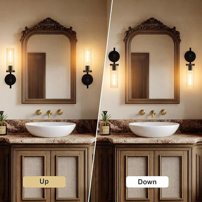 15" Knurled Brass Wall Sconces Set of 2, Black Gold Bathroom Vanity Light Fixtures with Clear Glass Tube, Modern Lamp Lighting for Bedroom, Living Room, Hallway, Staircase, Mirror, Kitchen