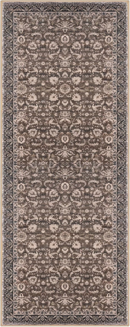Vintage Floral 2x5 Runner, Mocha Brown Washable Hallway Runner, Non-Slip Kitchen Runner, Super Soft Thin Printed Faux Wool Carpet for Entryway, Front Door, Backdoor Bedside