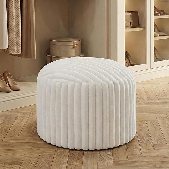 Luxury Round Stuffed Floor Poufs Ottoman, Stripe Faux Fur Footrest with Dual Layer Comfort, Removable Washable Cover, 20"x15" Plush Pouf Shaggy Stool for Living Room Bedroom Vanity, Beige