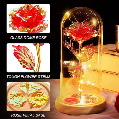 Preserved Fresh Flower in Glass Dome with LED Lights, Gold Stem Rose with Wooden Base, Romantic Home Decor Gift for Valentine's Day (A red rose as a gift for mom or a lover)