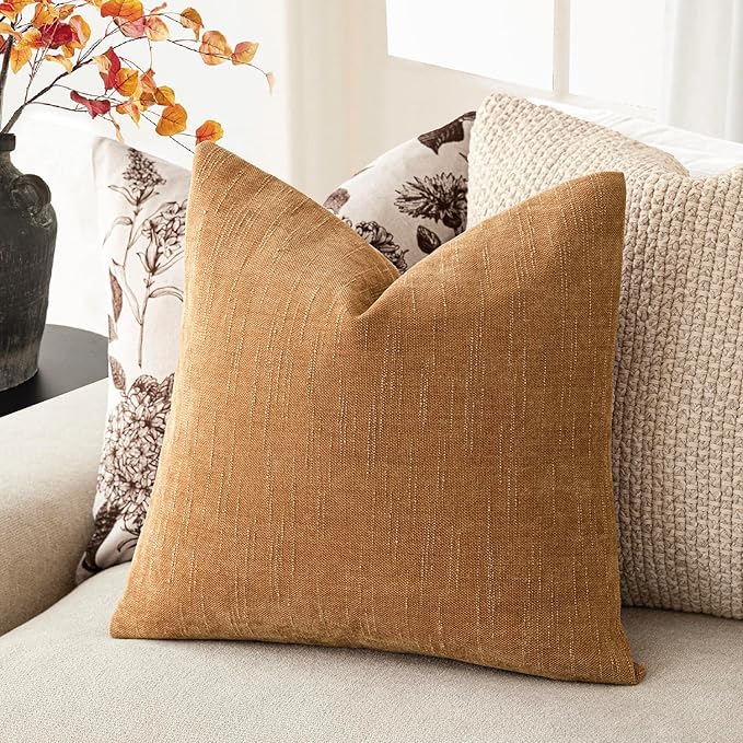 Foindtower Set of 2 Soft Textured Chenille Throw Decorative Pillow Covers Square Accent Solid Cushion Cover Neutral Farmhouse Pillow Case for Couch Sofa Bedroom Living Room 22x22 Inch,Golden Brown