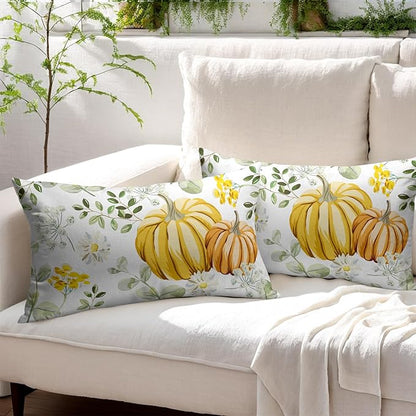 Pumpkin Fall Lumbar Pillow Covers 12x20 Set of 2 Yellow Saga Green Leaf Autumn Floral Thanksgiving Pillow Cases Outdoor Decorative Holiday Cushion Cover Decoration Farmhouse Home Sofa Couch Bed Decor