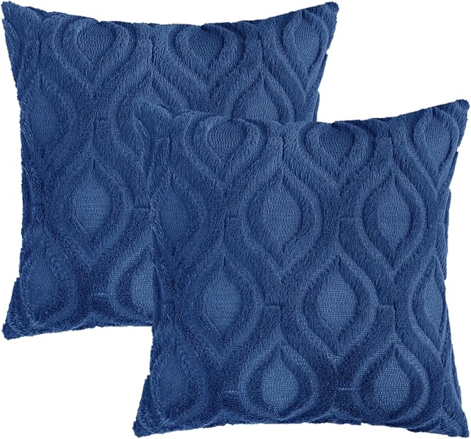 decorUhome Spring Euro Sham Throw Pillow Covers 24x24 Inch Set of 2, Soft Plush Faux Wool Dark Blue Solid Couch Pillow Covers, Accent Farmhouse Neutral Square Pillow Cases for Sofa Bed Living Room