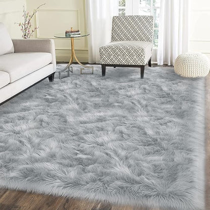 Latepis 5x8 Gray Area Faux Fur Rug for Living Room Sofa Floor Washable Fluffy Rugs Fuzzy Rugs for Bedroom Dorm Luxury Home Decor