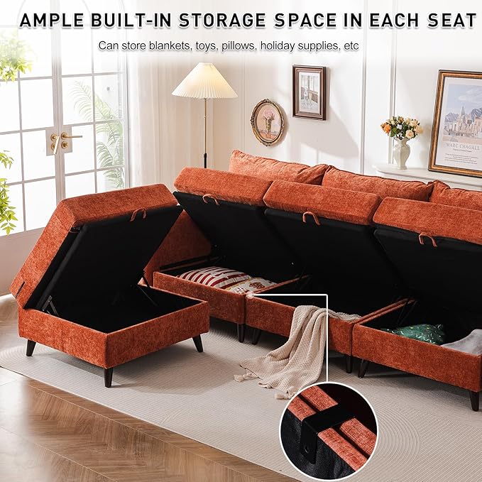 Modular Sectional Sofa with Seats Storage, Oversized L Shaped Couch,6-Seaters Comfy Couches for Living Room,Cloud Couches with Deep Seat,Chenille,Orange
