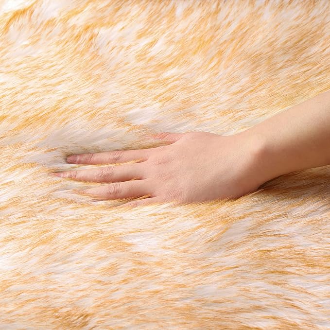 Fluffy Faux Fur Rug White Yellow Sheepskin Area Rug,4x6 Ft Ultra Soft Shaggy Plush Rug for Bedroom Bedside Living Room Nursery Kids Room