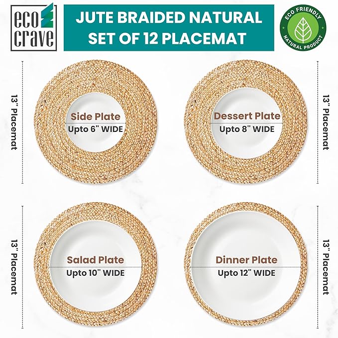 Eco Crave Jute Round Woven Placemats Set of 12, Natural 13 Inch Boho Farmhouse Rustic Hand Woven Place mat for Dining Table Decor, Wicker Chargers Heat Resistant Easy to Clean and Non-Slip Placemat