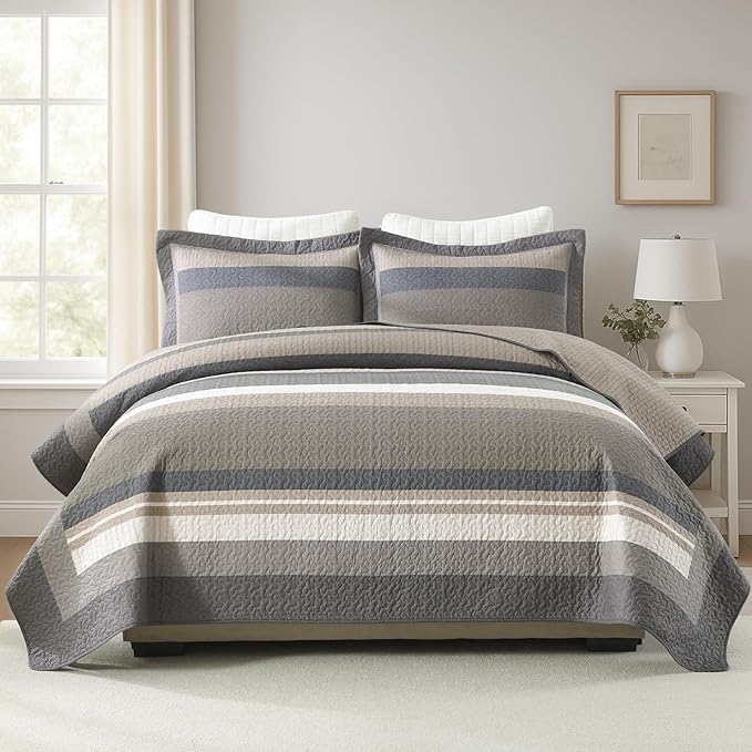 100% Cotton Quilts King Size, King Quilt Bedding Set Bedspread, Striped Quilt for King Bed, 3 Pieces Farmhouse Reversible Lightweight Comforter Bed Spread, Brown/Beige/Taupe