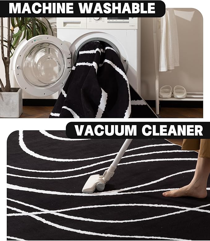 YIHOUSE Black Modern Area Rug 6x9,Abstract Rugs for Bedroom,Black and White Geometric Rug,Minimalist Striped Rug,Dark Washable Area Rugs 5x7 Non Slip Rugs for Living Room，Office
