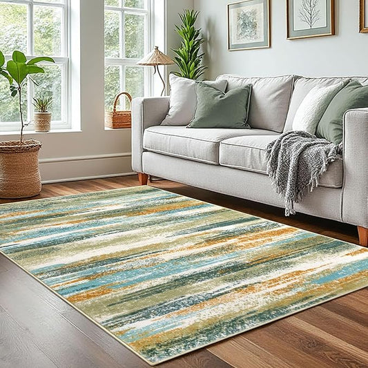 Modern Abstract 4x6 Living Room Washable Rug Non-Slip Soft Bedroom Area Rug Green Mustard Multi Thin Print Faux Wool Floor Carpet Throw Rugs for Nursery Playroom Dining Room Indoor Office