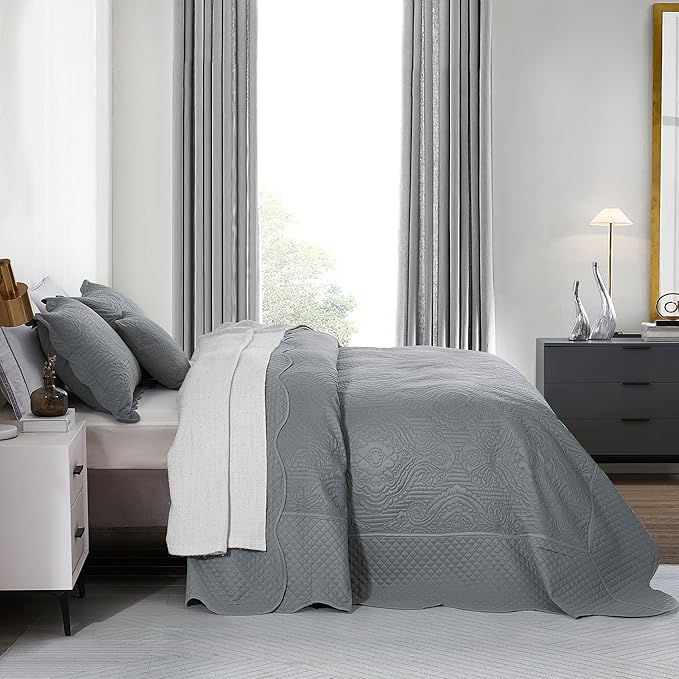 HZ & HY Oversized King Bedspread, Ultrasonic Coverlet Bedding Set, Lightweight Thin Comforter, Reversible, 5 Piece, 100% Microfiber, Grey