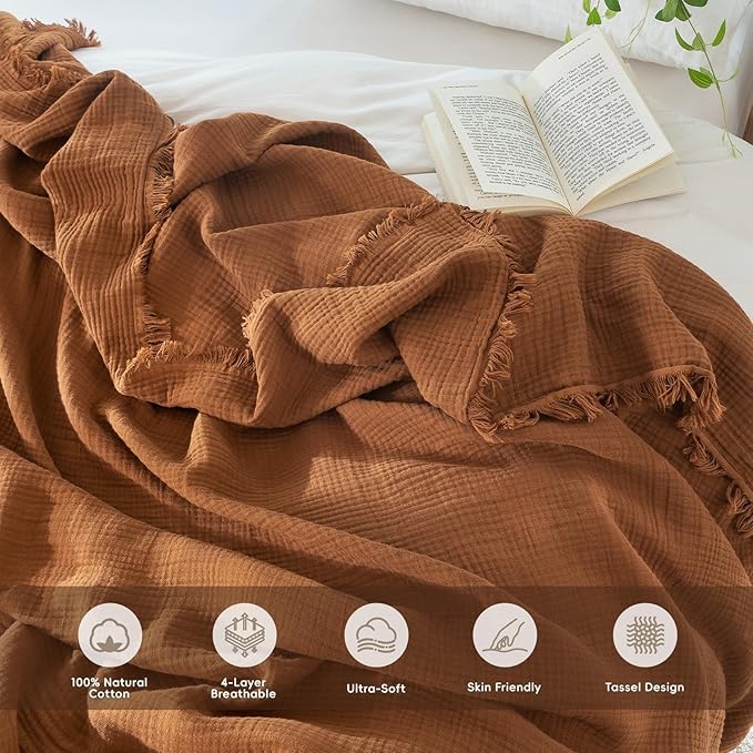 MooMee Muslin Blanket - 100% Cotton 4-Layer Gauze Throw Blanket with All-Around Fringe, Ultra-Soft Breathable Lightweight Cooling Decorative for Bed, Sofa & Couch (Drak Orange,Throw 60" x 50")