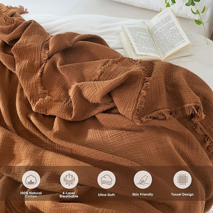 MooMee Muslin Blanket - 100% Cotton 4-Layer Gauze Throw Blanket with All-Around Fringe, Ultra-Soft Breathable Lightweight Cooling Decorative for Bed, Sofa & Couch (Drak Orange,Throw 60" x 50")