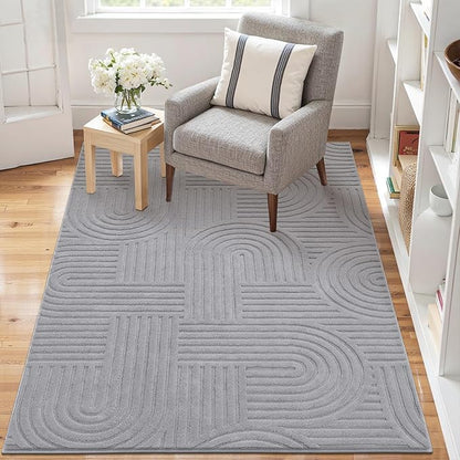 SHACOS Soft Cozy Fluffy Arch Pattern High Low Pile Rugs 3'x5' Non Slip Washable Scandinavian Minimalist Rug Modern Geometric Arc Carpet for Living Room Bedroom Dining Room, Light Grey