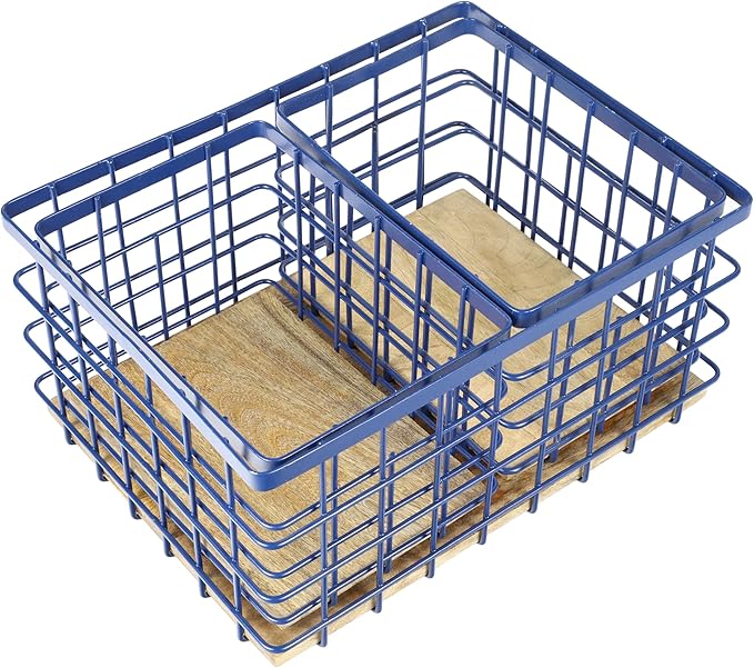 happimess BSK3004D-3SET Evvie Vintage Farmhouse Wire Metal Nesting Storage Baskets with Wood Base for Shelves, Cabinets, Pantry, Countertop, Mesh Open Bin Basket, Navy/Natural (Set of 3)