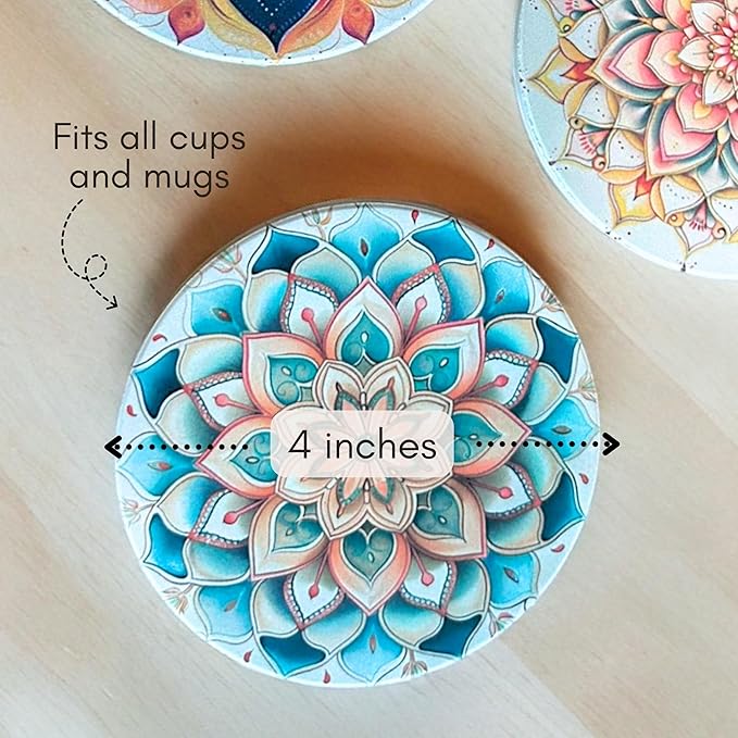 Mandala Ceramic Absorbent Coasters Set of 6 with Holder, Marble Drink Coasters for Coffee Table, Water Absorbing Coaster (Boho)