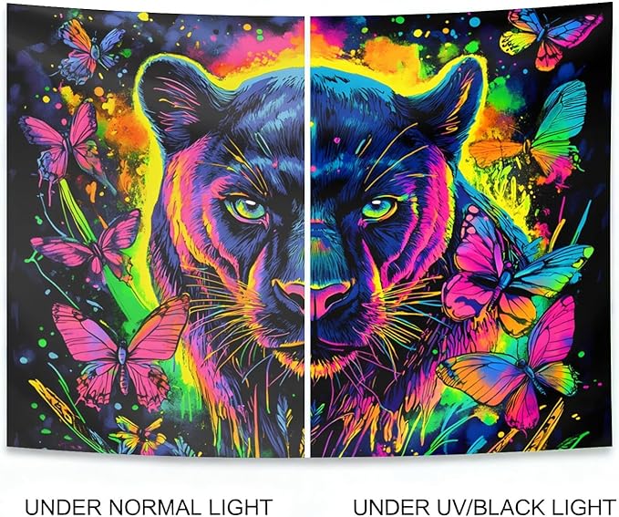 seewan Black Light Black Panther Tapestry, Glow-in-the-Dark UV Neon Butterfly and Black Panther Wall Hanging, Psychedelic Animal Art Tapestry, Bedroom Dorm Living Room Background Decor