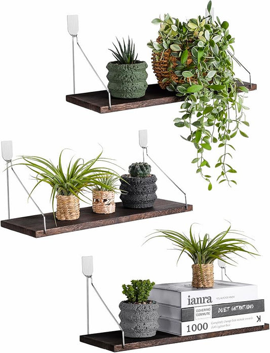 MITIME Floating Shelves Set of 3 Rustic Solid Wood Floating Shelf Wall Storage Shelves for Living Room, Bedroom, Bathroom, Kitchen Laundry, Office.no Drill Shelf(Retro Color L+L+L)