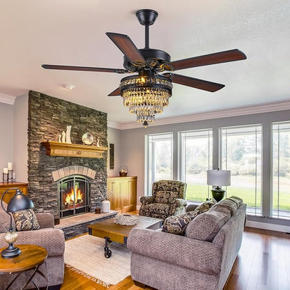 Asyko Crystal Ceiling Fan Fandelier with Lights - Modern Outdoor Fans with Remote Control，Noiseless AC Motor, Retro/Farmhouse Lighting, Dining Room， Living Room (52"