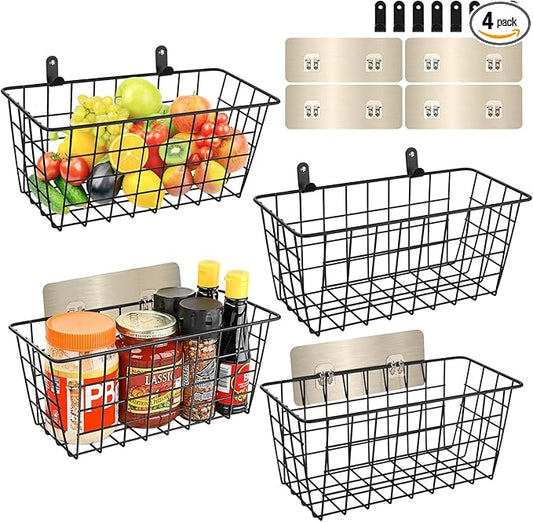 4 Pack Hanging Wall Basket Wire Storage Baskets, Adhesive Basket for Cabinet Door Organizer(2 Wall Mounting Options), Hanging Fruit Baskets for Kitchen, Pantry Organization, Bathroom, Black