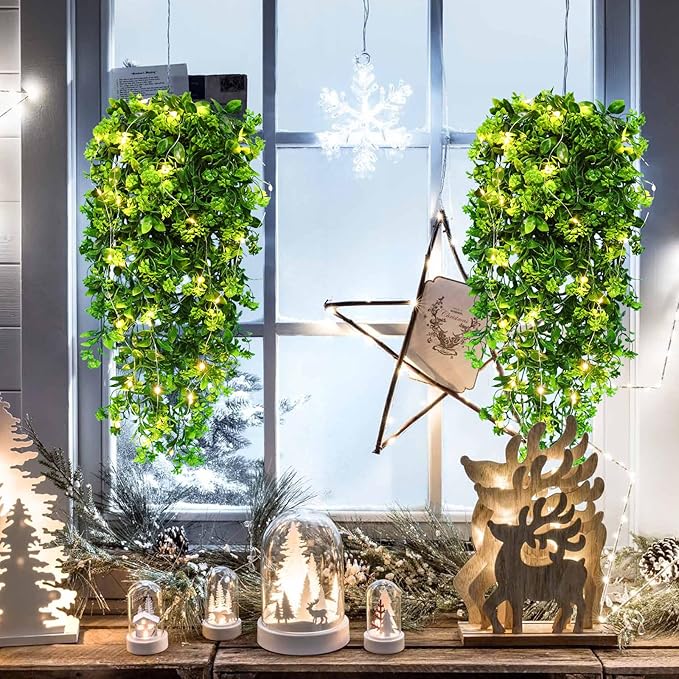 RECUTMS Artificial Hanging Plant Indoor Faux Plants Outdoor Large 2pcs Hanging Greenery with LED Lights Strings Silk Rose Flowers Plastic Leaves Decor for Party Wedding House Patio (Green)