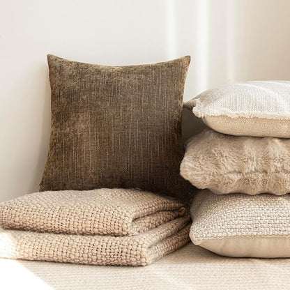 Foindtower Pack of 2 Textured Chenille Throw Decorative Pillow Covers Square Accent Solid Cushion Cover Neutral Farmhouse Lumbar Pillow Case for Couch Sofa Bedroom Living Room 12x20 Inch,Taupe Brown