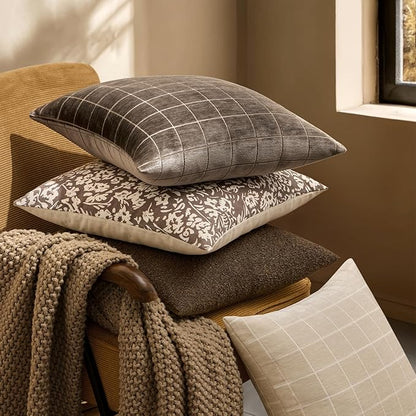 MIULEE Decorative Chenille Check Euro Shams Throw Pillow Covers Vintage Plaid Couch Pillows 24x24 Inch Set of 2 Neutral Boho Farmhouse Cushion Covers Modern Home Decor for Sofa Bed Living Room Brown