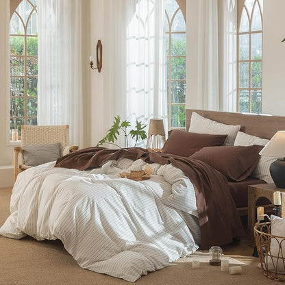 MooMee Bedding Sheet Set 100% Cotton Linen Like Textured Breathable Durable Soft Comfy (Solid Cocoa Brown, Queen)