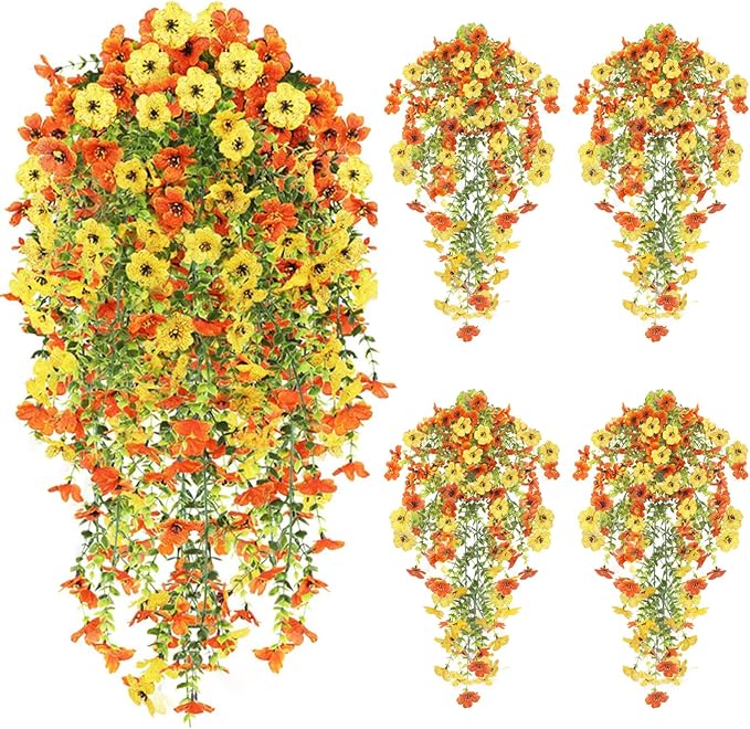 Artificial Fake Hanging Flowers Plants for Outdoor Fall Decoration, 4PCS UV Resistant Look Real Trailing Vines for Outside Home Planter Porch Patio Mums Autumn Decor(Orange&Yellow)