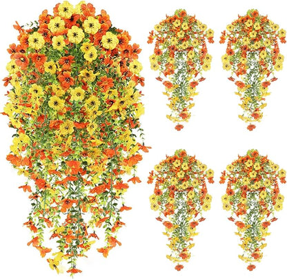 Artificial Fake Hanging Flowers Plants for Outdoor Fall Decoration, 4PCS UV Resistant Look Real Trailing Vines for Outside Home Planter Porch Patio Mums Autumn Decor(Orange&Yellow)